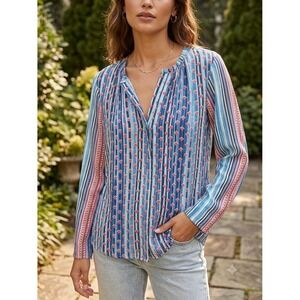 Ecru 100% Silk Blouse Blue Pink Geometric Striped Split Neck Long Sleeve Large